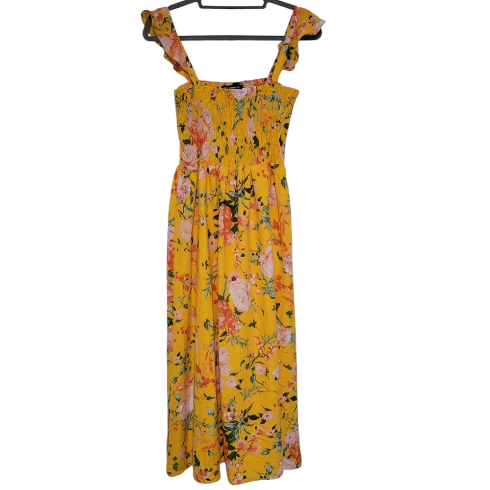 I•N•C Yellow floral Maxi dress. Size 8 Ruffle Sleeves With Elastic Bust
